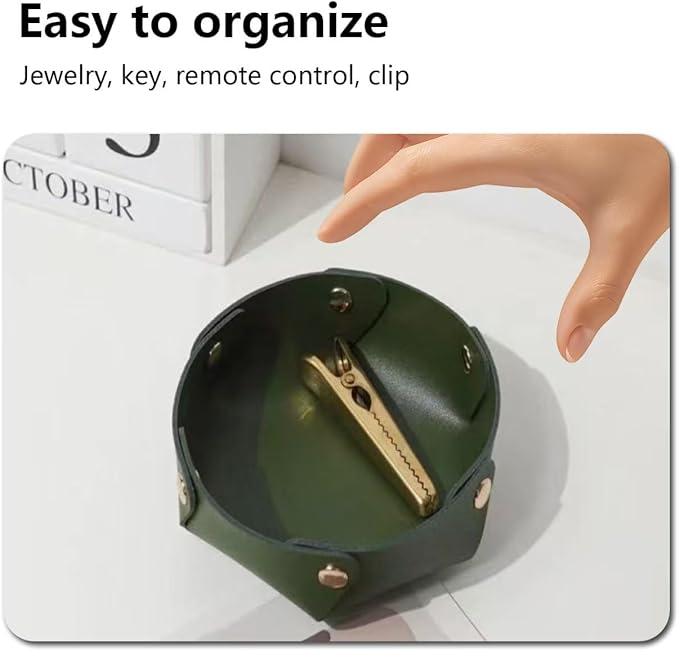 Black leather storage tray, multi-functional clutter organizer with snap fasteners, octagonal key, jewelry and accessory storage bowl, diameter: 4.7 inches, height: 1.7 inches