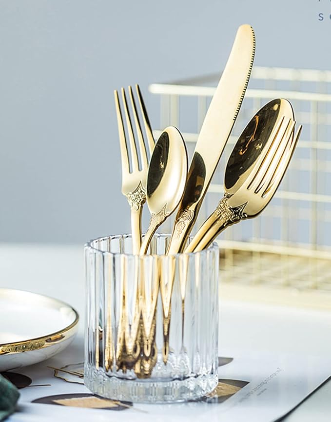 Gold Silverware Set for 14 Premium 18/10 Stainless Steel Flatware Set Palace Style 70 Piece Cutlery Tableware Utensils Embossed Decorative Handle Knives Forks and Spoons for Home Christmas Wedding