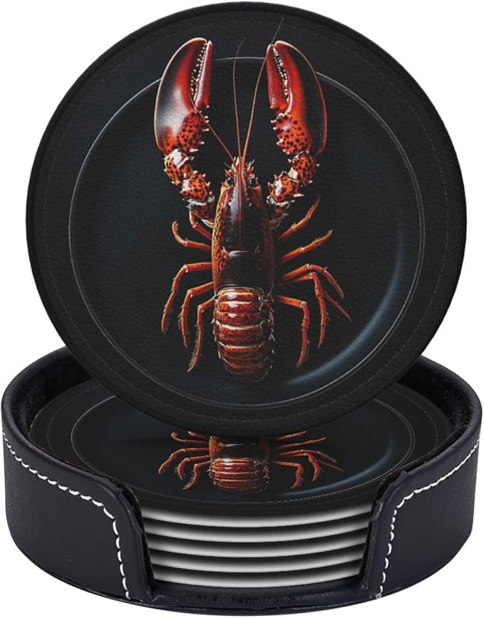 Lobster on a Plate Printed Leather Coasters for Drinks, Set of 6 Drink Coaster Dining Room Decor Cup Coasters