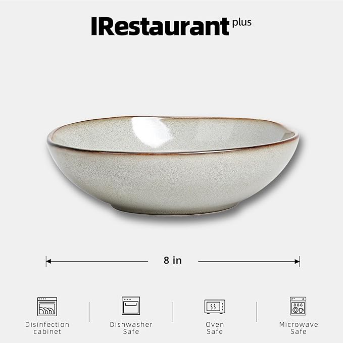 Organic Shape Highland Ceramic Soup/pasta Bowl, 24pcs 30oz Handmade Reactive Glaze Stoneware 8inch Bowls with Wavy Edge, for Kitchen, Microwave & Dishwasher Safe, Scratch Resistant-grey