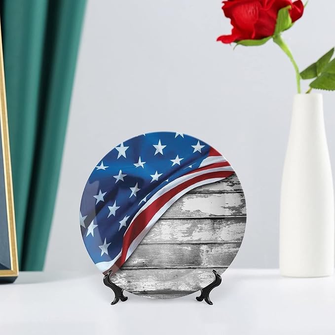 Ceramic Display Plate, American Flag Decor Ceramic Hanging Decorative Plate, Flag Over Antique Rustic Rippled Board, 6 Inch, Household Custom Ceramic Plate, Grey Navy