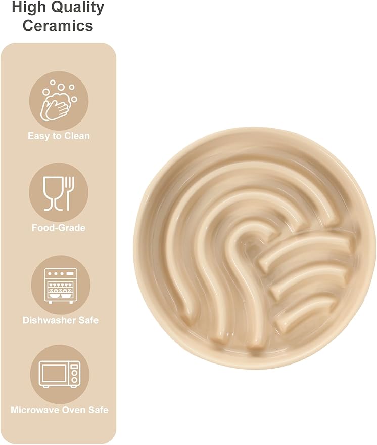 Ceramic Maze Dog Slow Feeder with Non-Slip Silicone Rim – Heavy-Duty Stoneware Bowl with Puzzle Pattern for Bloating & Obesity Prevention (Apricot-M)