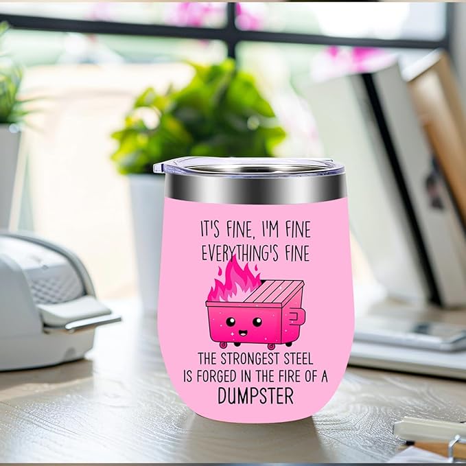 4PCS 12 oz Insulated Wine Tumbler with Lid, Funny Dumpster in Fire Stainless Steel Travel Tumbler Cups, Stemless Double Wall Vacuum Travel Mug for Coffee Wine Cocktail, Novelty Gifts for Women