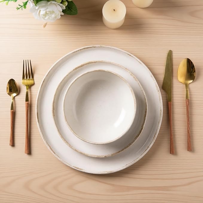 AmorArc Ceramic Dinnerware Sets, Wavy Rim Stoneware Plates and Bowls Sets, Highly Chip and Crack Resistant | Dishwasher & Microwave Dishes set, Service for 4 (12pc)-Cappuccino