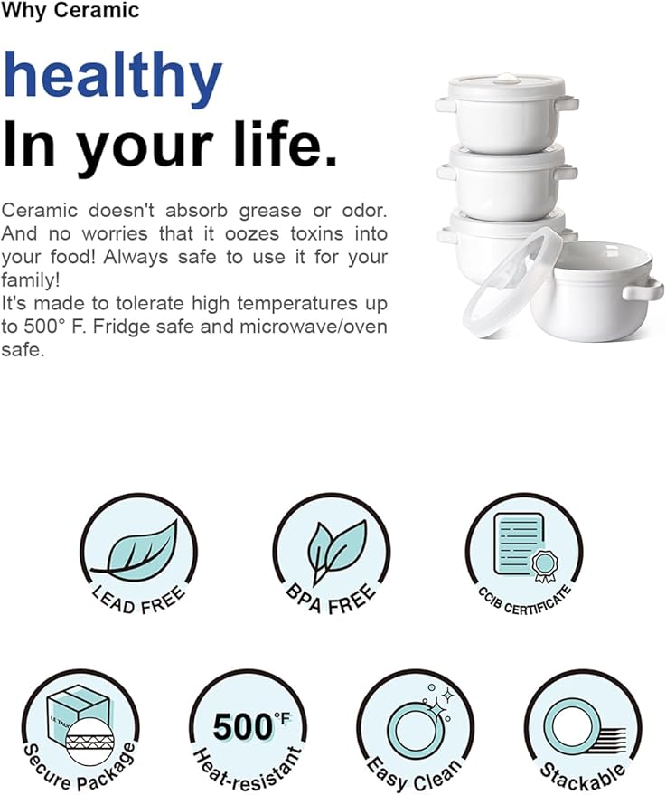 LE TAUCI Soup Bowls With Handles 28 oz and Silicone Lids, French Onion Soup Bowl for Chili, Beef Stew, Cereal, Ceramic Soup Crocks oven Safe, Microwave Dishwasher Safe - 5.5 inch, Set of 4, White