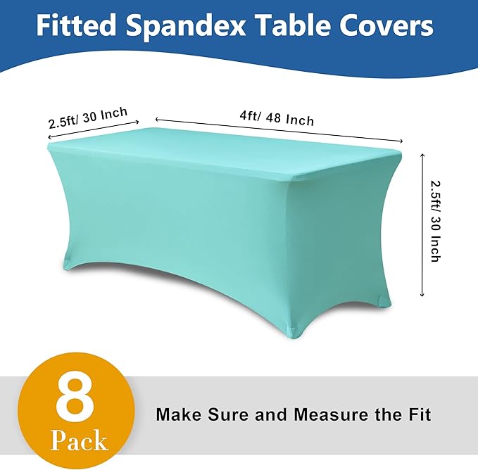 Stretch Table Cover for 4ft Rectangle Tables-8 Pack Aqua Blue Spandex Table Cloths with elastic-Folding Table for Party, Wedding, Vendor Booth Display, Banquet Buffet Event, Craft Trade Show