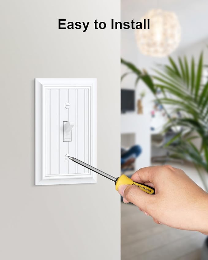 6-Pack Classic Beadboard Single Toggle Light Switch Cover Plate, Durable Natural Bamboo Fiber Decorative Switch Plate Covers, Pure White 1 Gang Wall Plate