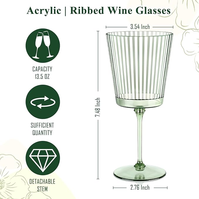 48 PCS Green Plastic Wine Glasses with Removable Stems 13.5 Oz Ribbed Wine Glasses Square White Wine Glass Muted Pastel Colors Goblets Elegant Fluted Glassware for Wedding Anniversary Birthday