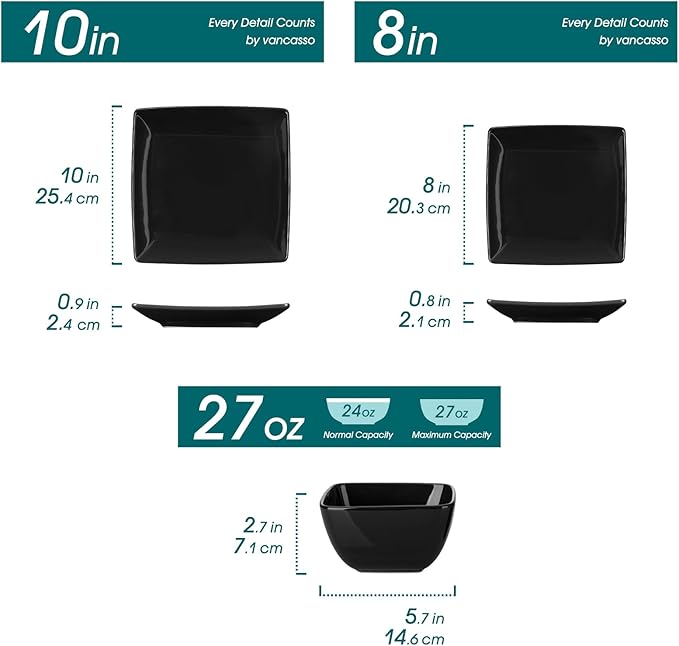 vancasso Soho Dinnerware Sets 12 Pieces, Black Stoneware Square Place Setting, Plates and Bowls Sets, Dinner Plate, Dishes Set for 4