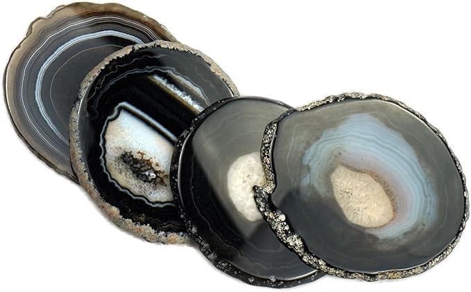 Black Agate Slices Geode Coasters Set of 4 with Rubber Bumpers - Unique 4-5 Inch Dyed Stone Drink Crystal Coasters Bulk for Home Decor, Coffee Table, Bar Accessories