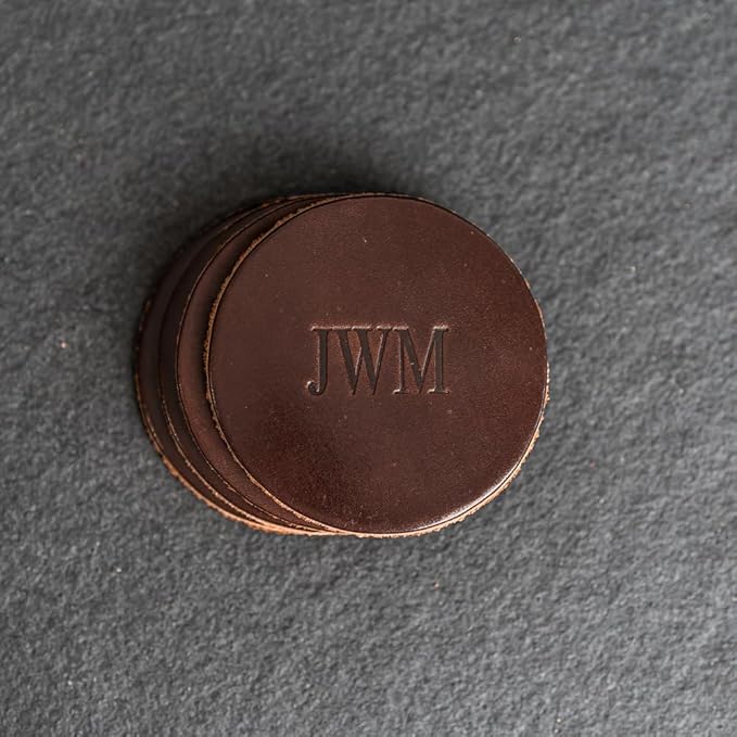 Ox & Pine Personalized Leather Coaster - Sold Individually or in Sets of 4 - Customize Inscription - 100% Full-Grain Leather – 4" Round or 4" Square (Round, Brown, Set of 4 Coasters)