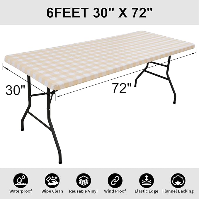 Smiry Rectangle Picnic Table Cloth, Elastic Waterproof Fitted Vinyl Tablecloths, Flannel Backed Buffalo Plaid Table Covers for Dining, Camping, Outdoor (White and Beige, 30" x 72")