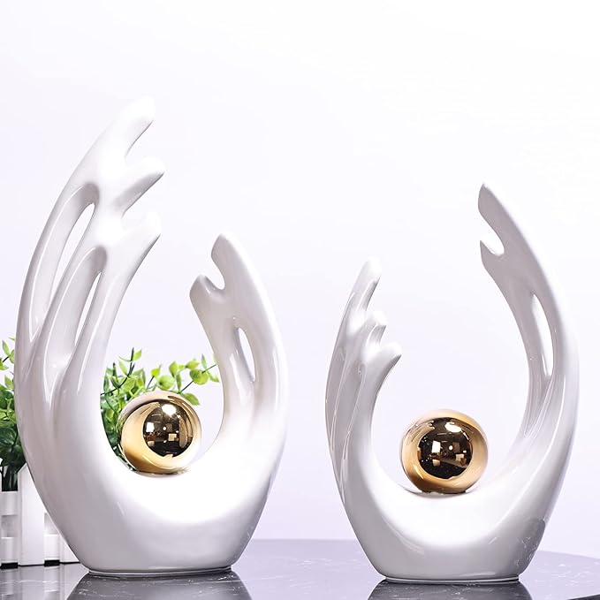 9.5"H White Gold Aesthetic Room Decor Accent, TV Stand Funky Table Centerpiece, Abstract Art Ceramic Statue and Sculpture, White Decor for Living Room, Bookshelf Decorative Objects, Shelf Decor