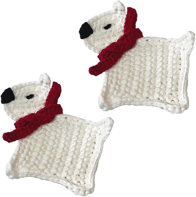UMIRRO Handwoven Drink Coasters for Coffee Table, Gifts for Dog Lovers, Cute Home Kitchen Decor for Room, Dog Themed Birthday Party Decorations - White Puppy with Red Scarf, Set of 2
