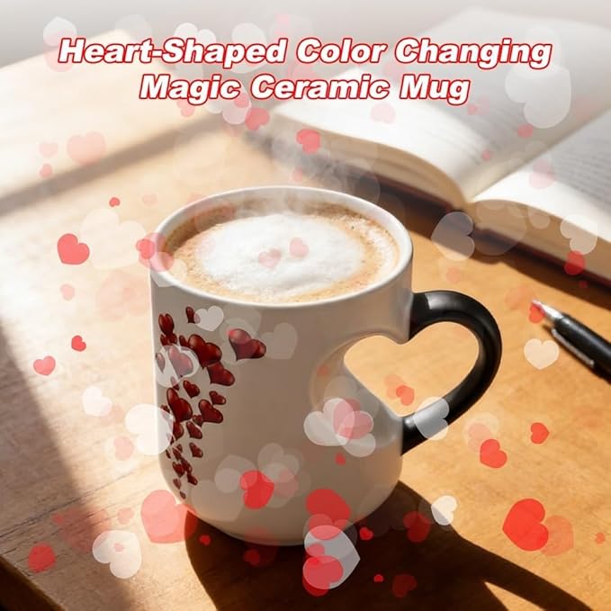 Heart-Shaped Color Changing Magic Ceramic Mug, Funny Heat Sensitive Coffee Cup Reveals Surprise Design with Hot Drinks for Valentine's Day & Anniversaries (2pcs)