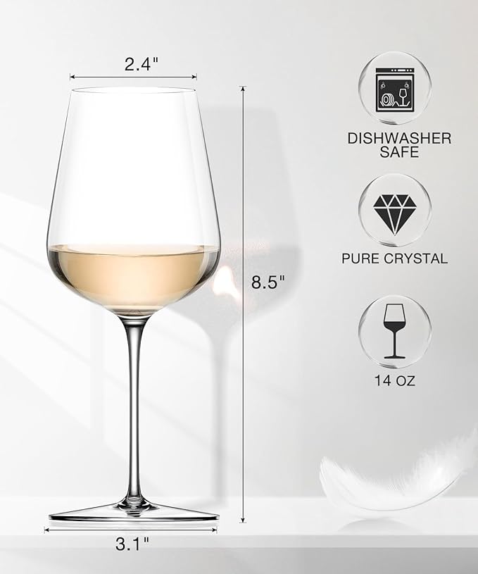 LUNA & MANTHA Wine Glasses Set of 6, Crystal White Wine Glasses with Long Stem, Hand Blown 14oz, Red White Gift Packaging for Daily Use, Father's Day, Wedding Anniversary or Birthday