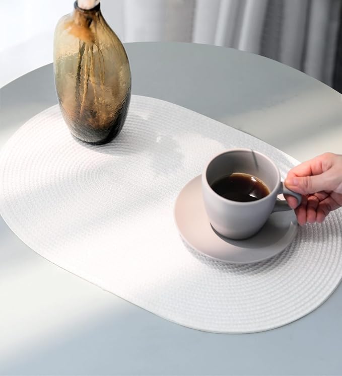 FunWheat Oval Braided Placemats Set of 4 Table Mats for Dining Tables Washable Heat Resistant Place Mats for Indoor Outdoor Use 12 x18 Inch(Oval White, 4pcs)