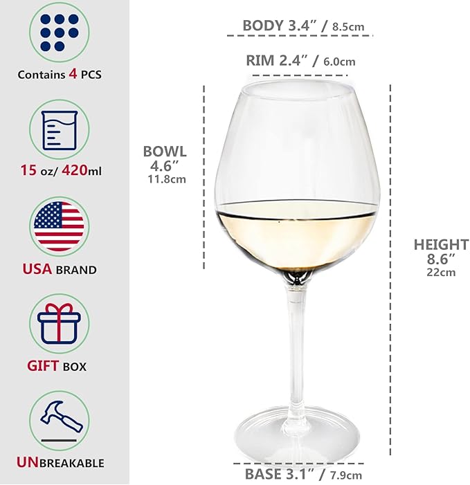 Plastic Wine Glasses Set of 6(15oz) |Unbreakable Wine Glasses with Stem|100% Tritan & BPA Free |Dishwasher Safe| Awesome For Pool, Beach, Travel, Pool, Camping, Beach, Picnic, Everyday Use.
