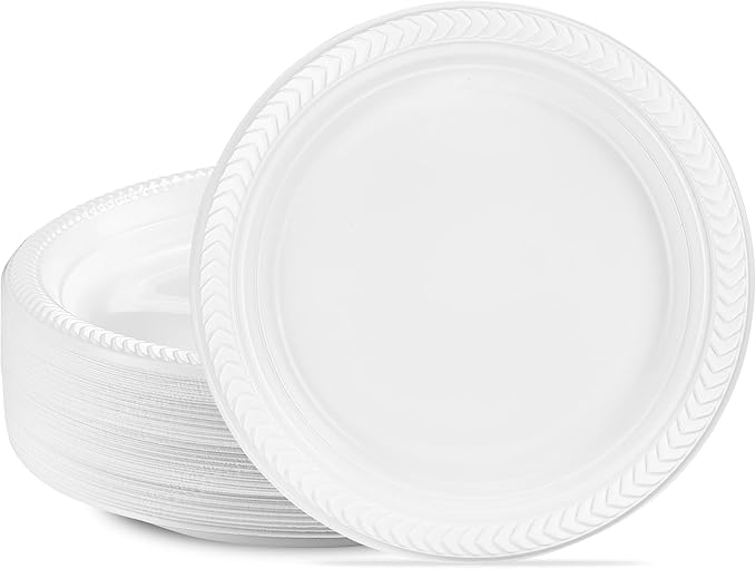 PLASTICPRO 100 PCS White Plastic Round 9 Inch Plastic plates Premium Quality Light Weight Disposable Dishes Dinner Plates for Parties Weddings