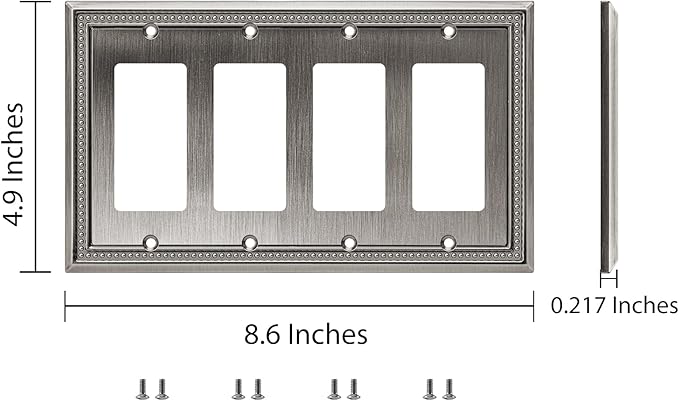 Henne Bery Sunken Pearls Heavy Duty Decorative Wall Plate Switch Plate Outlet Cover (Quad Decorator, Heirloom Silver)