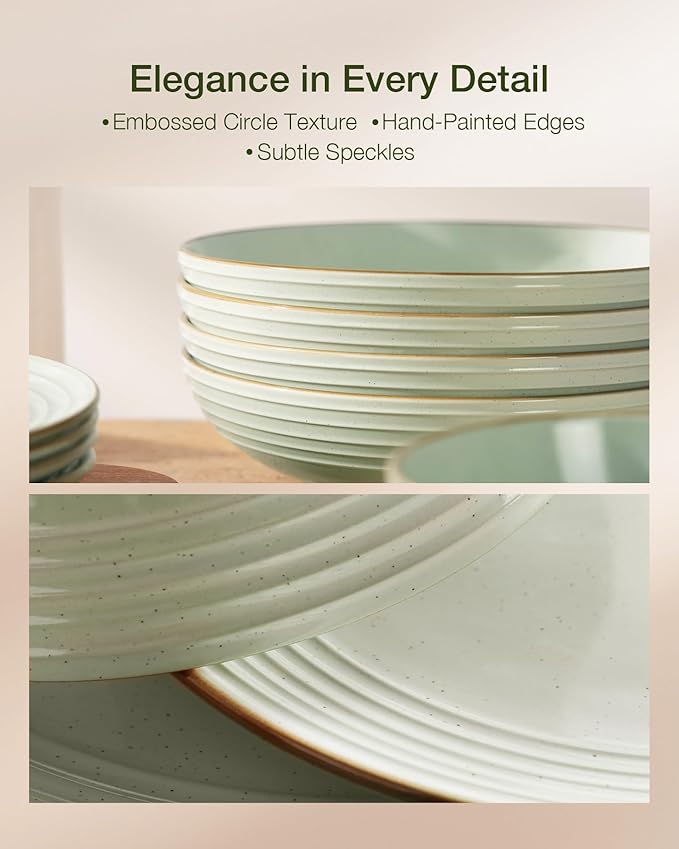 Famiware Jupiter Dinnerware Set with Pasta Bowl, Plates and Double Bowls Dish Sets for 4 (16 Pieces), Microwave and Dishwasher Safe Stoneware Tableware, Chip and Scratch Resistant, Light Green