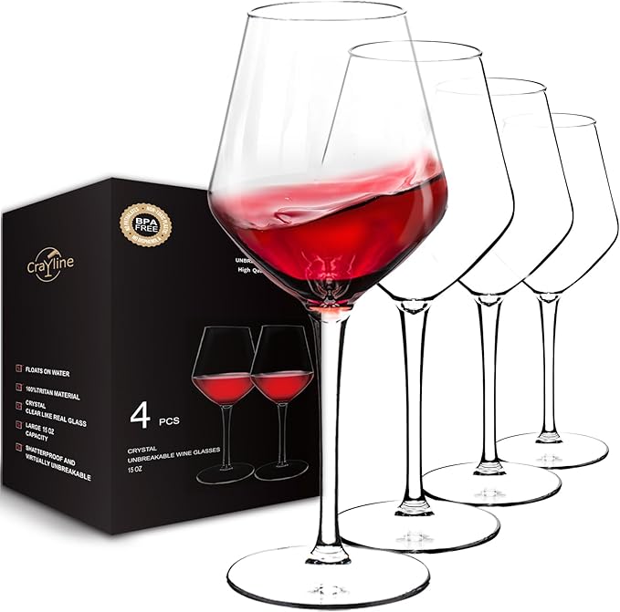 Plastic Wine Glasses Set of 4(15oz) |Unbreakable Wine Glasses with Stem|100% Tritan & BPA Free |Dishwasher Safe| Awesome For Pool, Beach, Travel, Pool, Camping, Beach, Picnic, Everyday Use.
