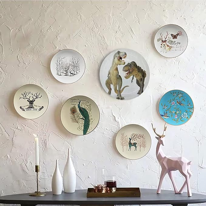 Ceramic Display Plate, Dinosaur Ceramic Hanging Decorative Plate, Tyrannosaurus Rex Pair Facing Off Ferocious Creatures, 7 Inch, Living Room Kitchen Decoration Household, Ivory Brown Grey