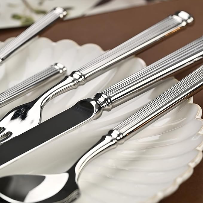 Silverware Set for 6 Flatware Set 24 Pieces Elegance Luxury Tableware Set Roman Column Handle Knives and Forks spoons 18/10 Stainless Steel Cutlery Utensil Sets for Home Restaurant Dishwasher Safe