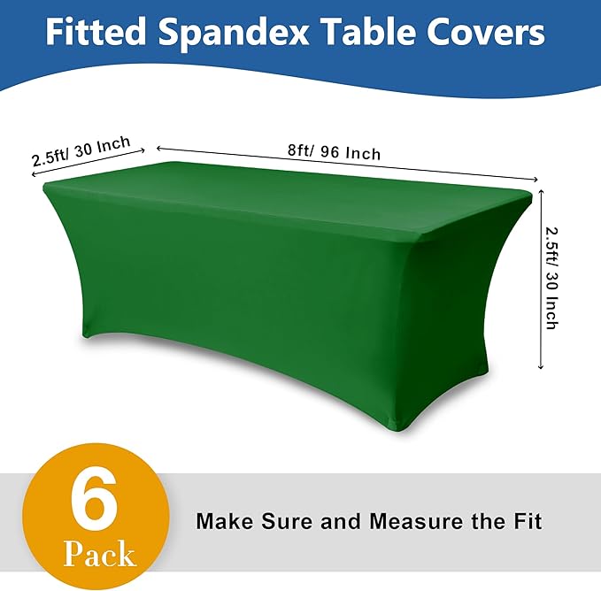 Spandex Table Cloths for 8 Foot Rectangle Tables-6 Pack Fitted Stretch Green Table Covers-Elastic Christmas Tablecloth for Party, Vendor Booth Display, Banquet Buffet Event, Craft Trade Show