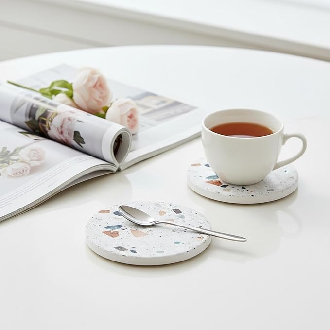 Terrazzo Coasters Set of 6, Ceramic Absorbent Drink Coasters, Cute Moisture Absorbing Coaster, Coffee Table Desk Decor, Colorful Stone Coaster for Drinks (Granite)