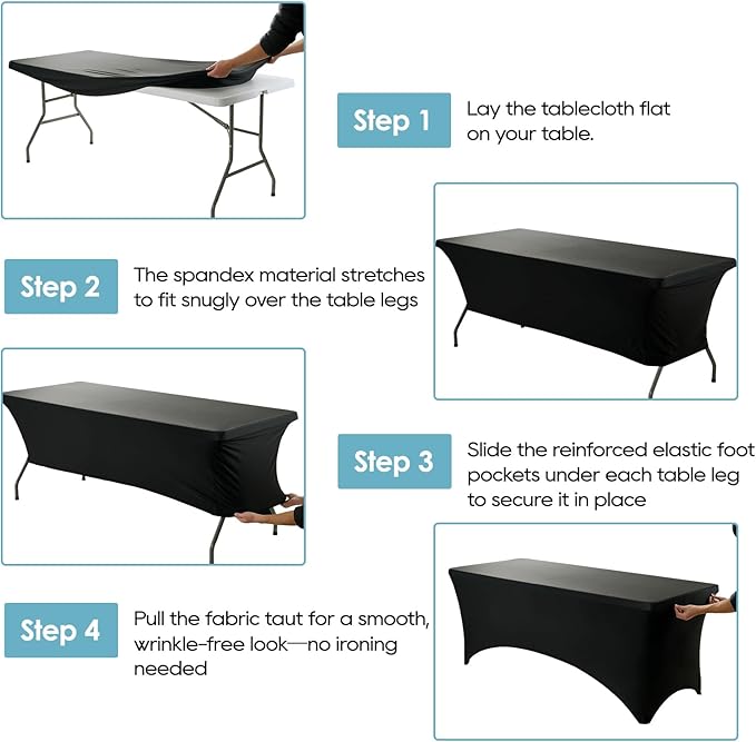 VidaFete Spandex Tablecloth 6 Pack 8FT, Fitted Stretch Table Cover for Rectangle Tables, Wrinkle Resistant and Washable Tablecloths for Outdoor, Picnic, Party, Wedding, Banquet, Birthday, Black