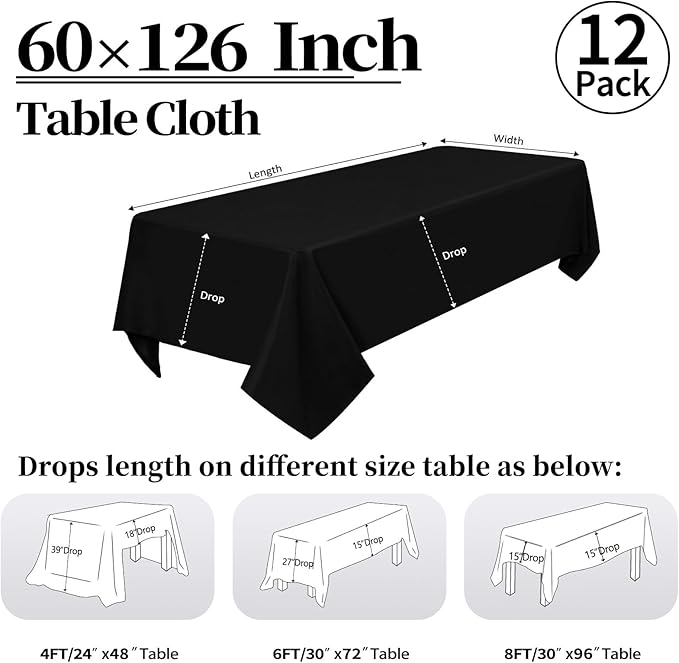 12 Pack Black Tablecloth 60 x 126 Inch Rectangular Table Cloth for 8 Foot Rectangle Tables, Wrinkle Resistant Washable Polyester Fabric Table Covers for Wedding Party Banquet Buffet