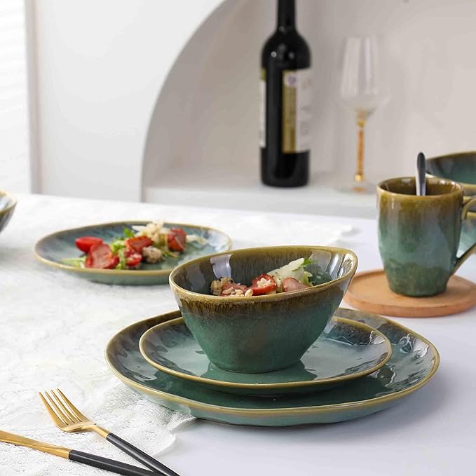 Henten Home Ceramic 20 oz Salad Bowls Set, Slanted Snack Bowl Set of 4, Porcelain Serving Bowls for Soup, Dessert, Microwave & Dishwasher Safe, Reactive Glaze (Green)