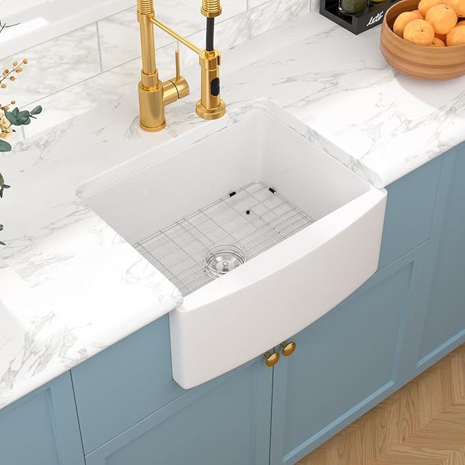 Sarlai 24 White Farmhouse Sink - 24 Inch Small Farmhouse Sink White Apron Front Ceramic Porcelain Fireclay Single Bowl Farm Kitchen Sink Laundry Room Sinks