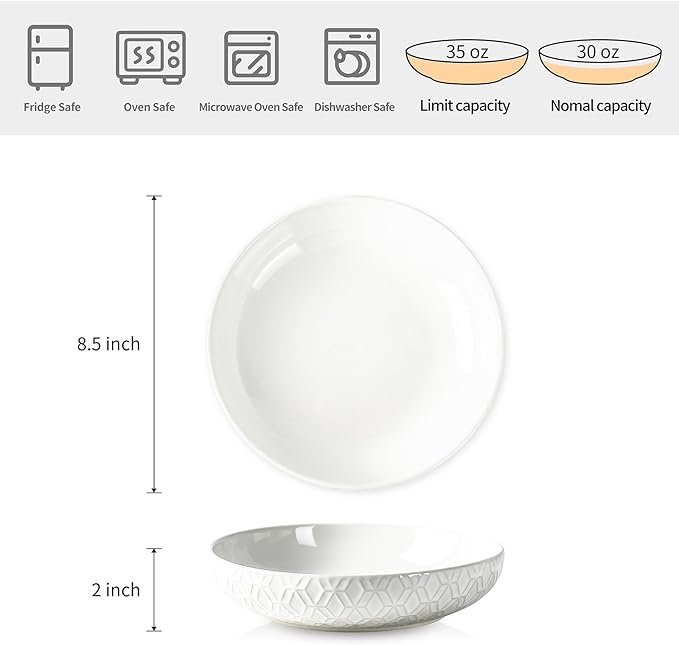 Sureasy Pasta Bowls Set of 4-30oz Large Ceramic Embossed Bowl Plates, 8.5 Inch Wide and Shallow Plate Bowls, Salad Bowl, Microwave, Oven & Dishwasher Safe, White