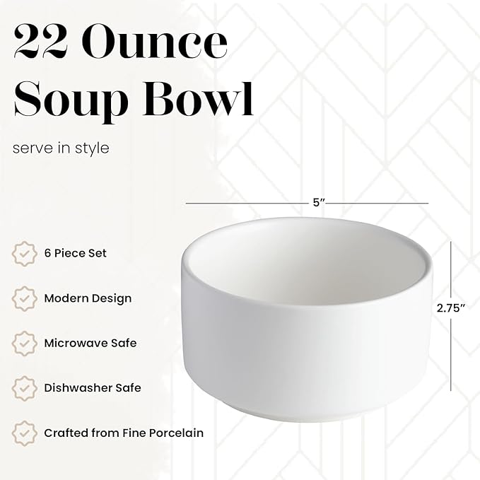 Vikko Modern Soup Bowls, Set of 6 Matte White Porcelain Bowls, Stackable 22 oz Elegant Restaurant Style Soup Bowl Set, Microwave and Dishwasher Safe