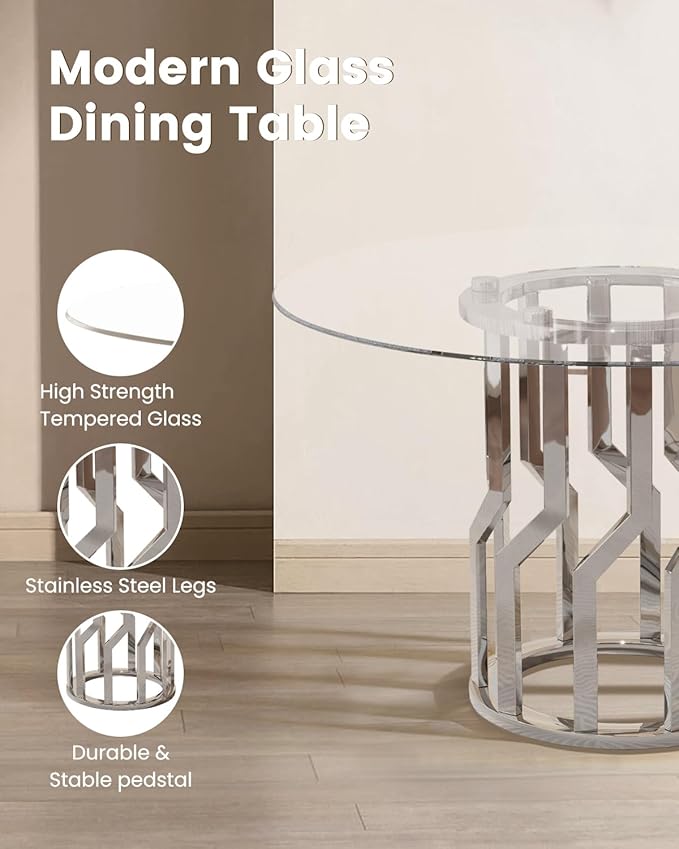 38.9" Round Glass Dining Table Set for 4, Modern 5 Piece Kitchen Table Set with Silver Stainless Steel Base & 4 PU Leather Accent Chairs, Saving Space, Dining Set for Apartment, Home - Grey Chair