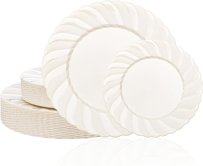 U-QE 60 Pcs Ivory Plastic Plates for Party – Scalloped Plastic Plates Heavy Duty & Elegant – Include 30 10.25" Dinner & 30 7.25" Dessert Plates - Perfect for Party & Wedding