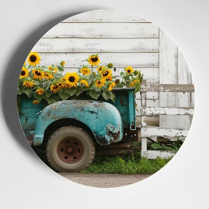Rustic Teal Truck Decorative Ceramic Plates 10 Inch with Display Stand Designed for Elegant Wall Hanging DP-304116832