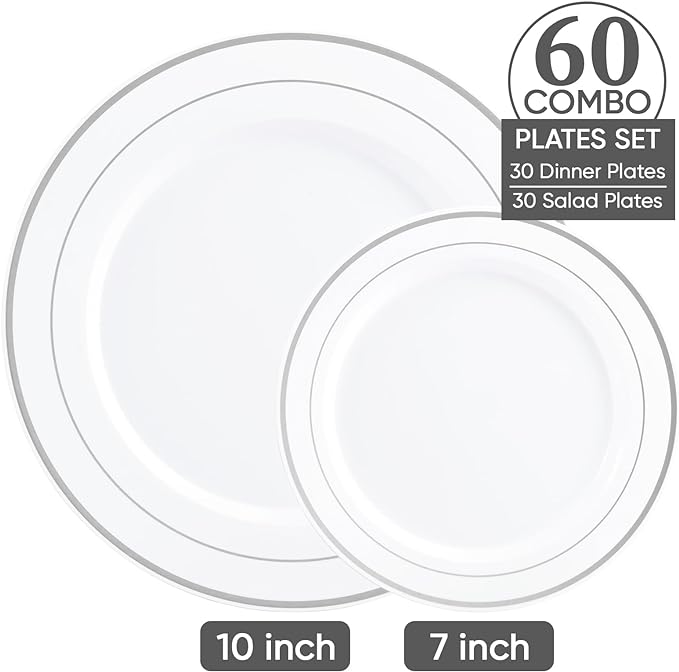 FOCUSLINE Silver Plastic Plates Set of 60, Disposable Plates with Silver Rim 30 Dinner Plates 10" and 30 Salad Dessert Appetizer Plate 7", Elegant Fancy Heavy Duty Wedding Party Plates