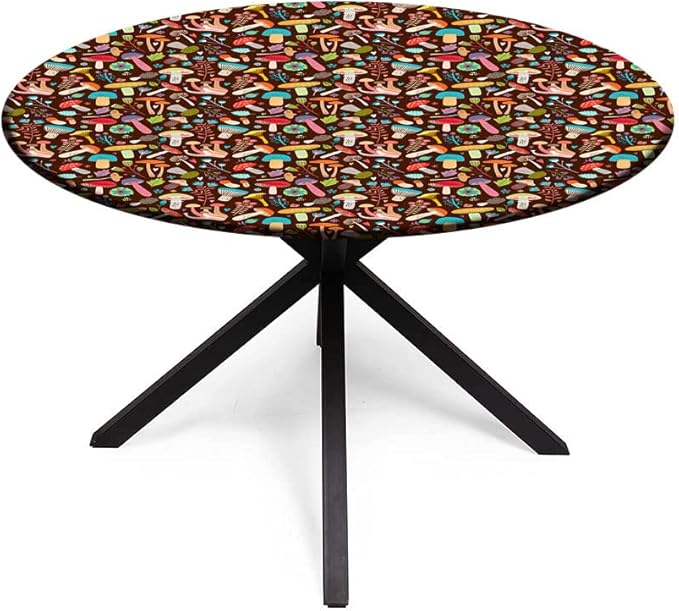 Round Vinyl Fitted Tablecloth, Mushrooms Print Polyester Table Cloth, Attractive Various Cartoon Leaves and Mushrooms Graphic, Fit Round Tables 23inch Diameter, for Wedding Party Dining Banquet Use