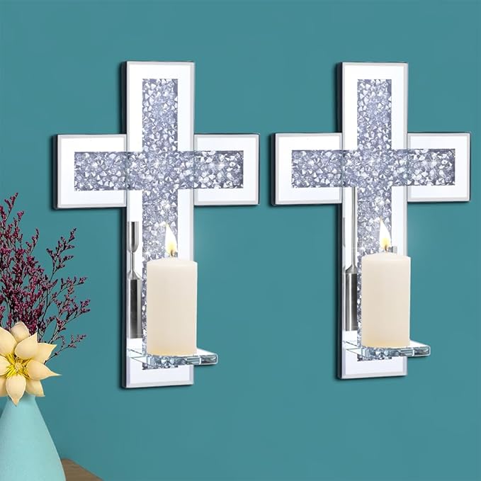 Pibeyer Crystal Crush Diamond Candle Holder Set of 2, Rectangle Silver Mirrored Candle Sconces, Wall Decorations for Living Room, Dining Room (Cross)