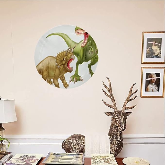 Ceramic Display Plate, Dinosaur Ceramic Hanging Decorative Plate, Rex Versus Triceratops Scaring Each Other, 6 Inch, Household Custom Ceramic Plate, Green Pink Pale Brown