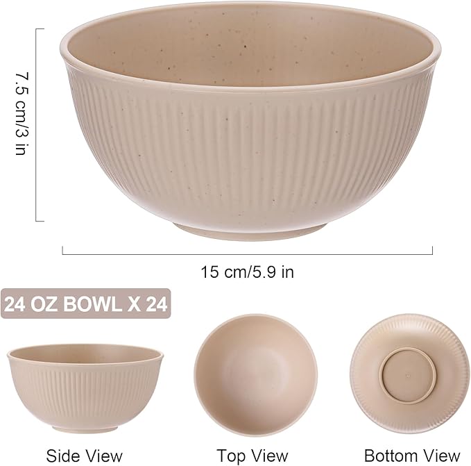 Eccliy 24 Pcs Wheat Straw Bowl Sets, Unbreakable Cereal Bowl 24 oz, Microwave and Dishwasher Safe Bowls for Cereal, Salad, Snack and Soup, Winter Style(Beige)