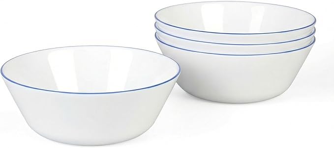 16OZ Opal Glass Cereal and Soup Bowl Set of 4, 6 inch Dishwasher & Microwave Safe Round Bowls for Salad and Rice, Hand Painted Navy Blue Rim