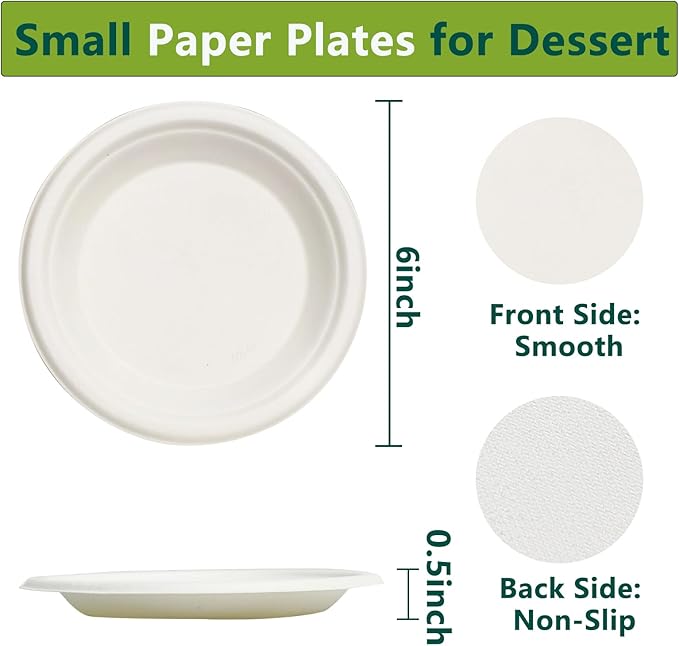 6 Inch Dessert Paper Plates, 200 Pack Disposable Compostable Small Plates Made from Sugarcane Fibers, Eco-Friendly, White