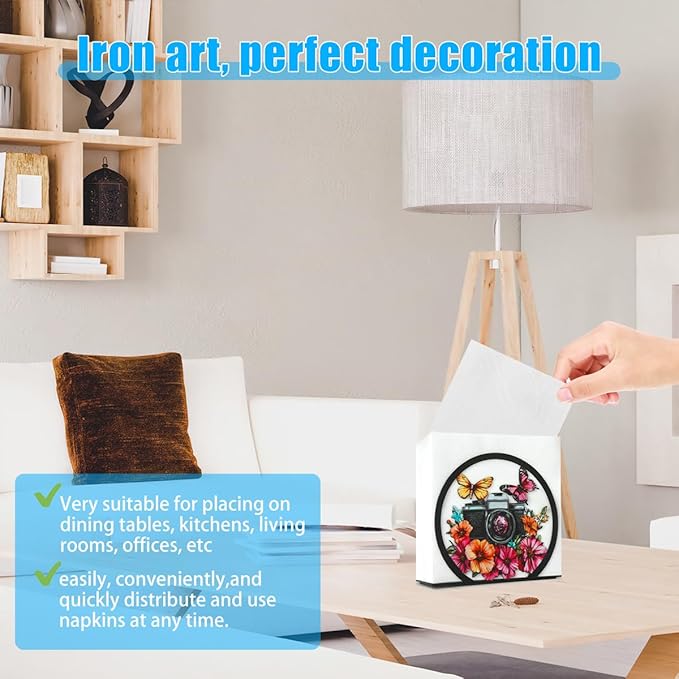 Modern Napkin Holder for Table Decor,Black Metal Napkin Dispenser fit Tissue Mail Bills Paper Towel Holder, Camera Butterfly Napkin Holders,Napkin Stand for Home Kitchen Dining Restaurant Cocktail