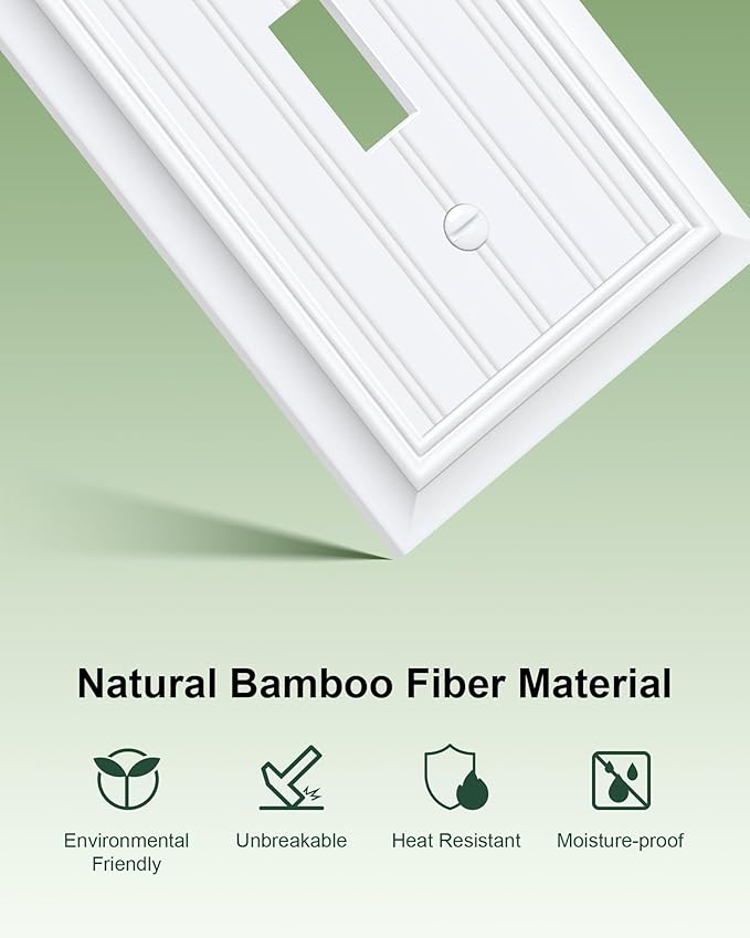 4-Pack Classic Beadboard Single Toggle Light Switch Cover Plate, Durable Natural Bamboo Fiber Decorative Switch Plate Covers, Pure White 1 Gang Wall Plate