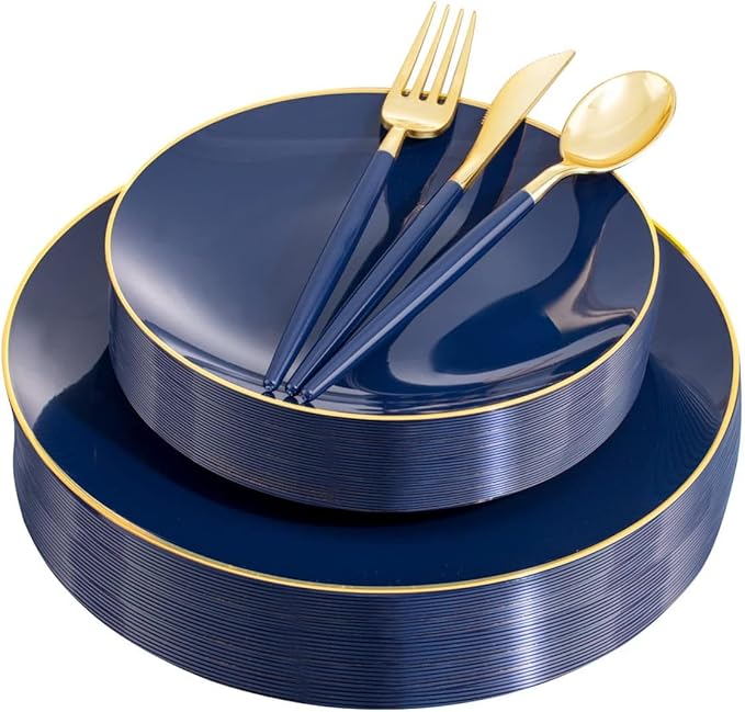 Liacere 150PCS Blue Plastic Plates - Gold Plastic Silverware with Blue Handle - Navy Disposable Plates Include 30 Guests Plates,Forks,Spoons,Knives for Hanukkah & New Year & Washington's Birthday