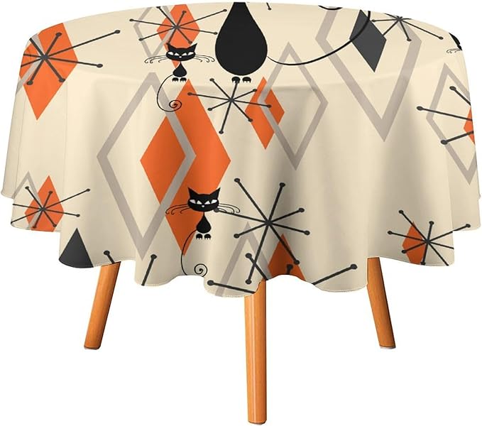 Retro Boho Modern Black Cat Round Tablecloth, Mid Century Boho Moon Abstract Geometric Leaf 50s 60s Style Tablecloth for Home Party Dining Room Kitchen Decor 70Inch(178cm)